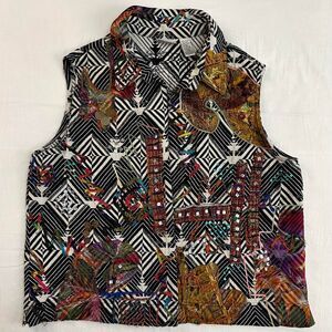 Chicos Maximalist Black & White Vest Silk Heavy Embroidery Rainbow Sz 3/XL Artsy